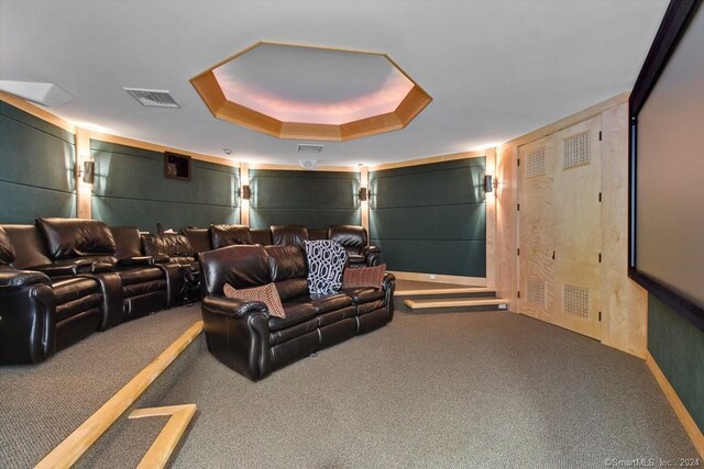 carpeted home theater room featuring a tray ceiling