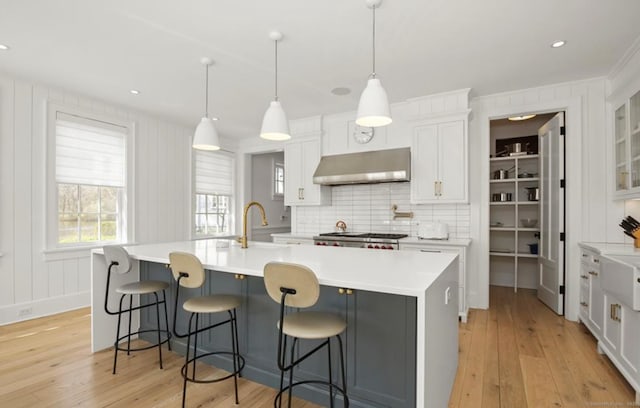 kitchen with light countertops, under cabinet range hood, an island with sink, and white cabinetry