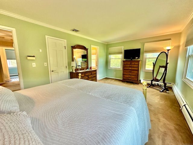 carpeted bedroom featuring ornamental molding and baseboard heating