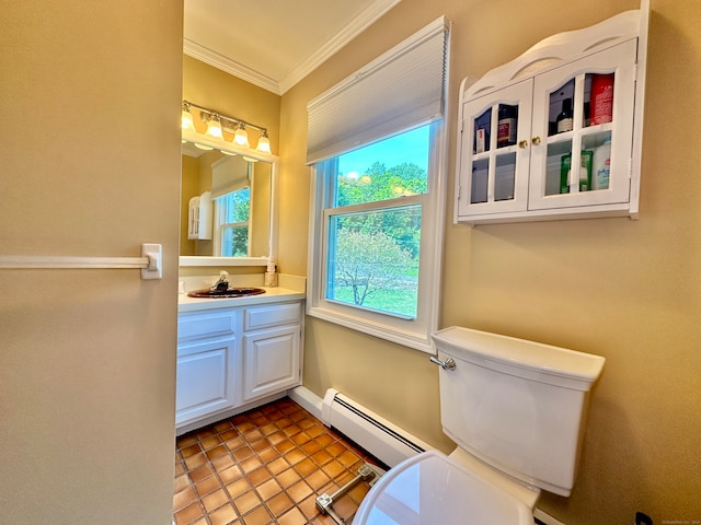 bathroom featuring crown molding, toilet, tile patterned floors, a baseboard radiator, and vanity