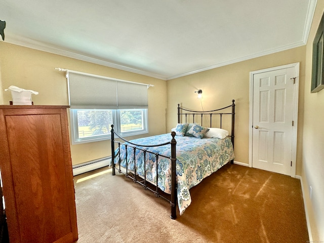 carpeted bedroom with a baseboard radiator and crown molding