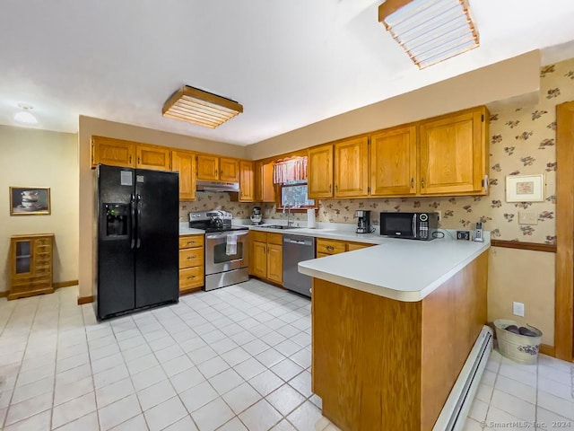 kitchen featuring kitchen peninsula, a baseboard heating unit, sink, black appliances, and light tile patterned floors