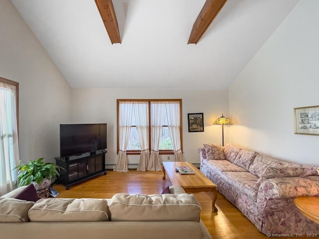 living room with beam ceiling, light wood-type flooring, high vaulted ceiling, and a baseboard radiator