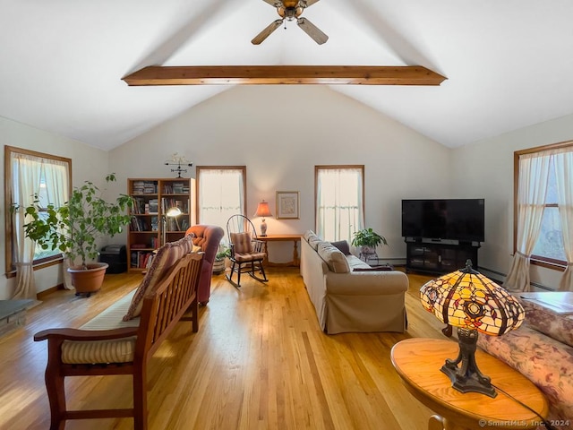 living room with ceiling fan, beam ceiling, high vaulted ceiling, and light hardwood / wood-style flooring