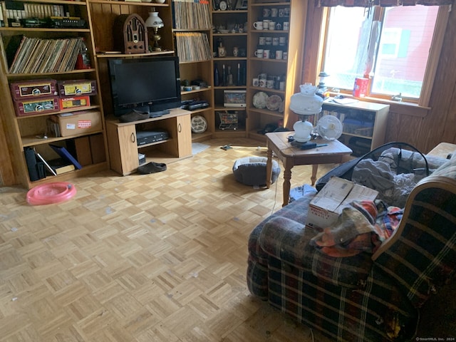 living room featuring light parquet flooring