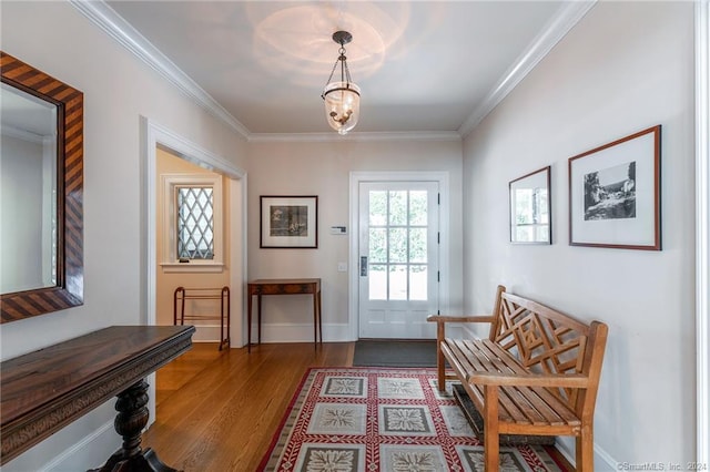 interior space with dark wood-type flooring and ornamental molding