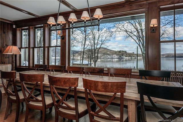 dining space with plenty of natural light, hardwood / wood-style floors, and a water view