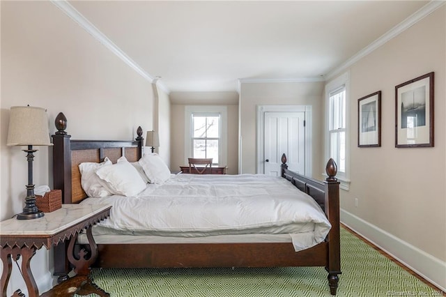 carpeted bedroom featuring ornamental molding