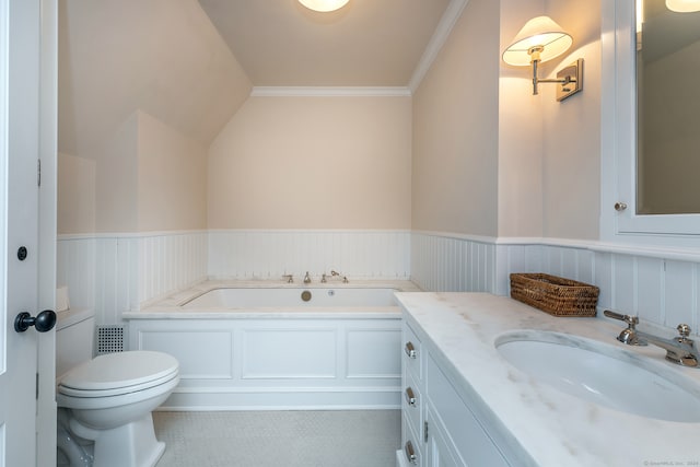 bathroom with toilet, a washtub, crown molding, and vanity