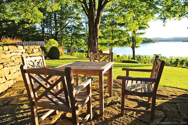 view of patio with a water view