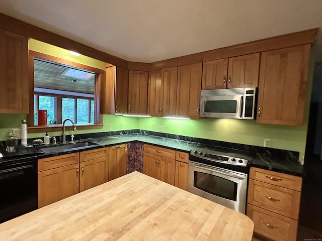 kitchen with butcher block counters, appliances with stainless steel finishes, and sink