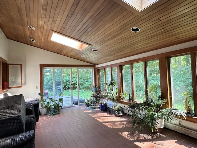 sunroom featuring vaulted ceiling with skylight and wood ceiling