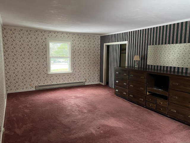 unfurnished bedroom with a baseboard heating unit and carpet flooring