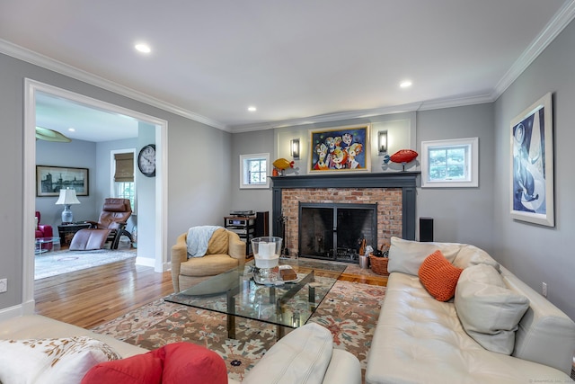 living room with a fireplace, hardwood / wood-style floors, and crown molding