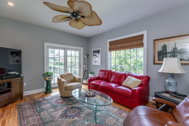 living room featuring ceiling fan and wood-type flooring