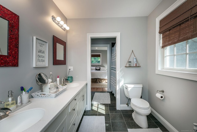 bathroom with tile patterned flooring, vanity, and toilet