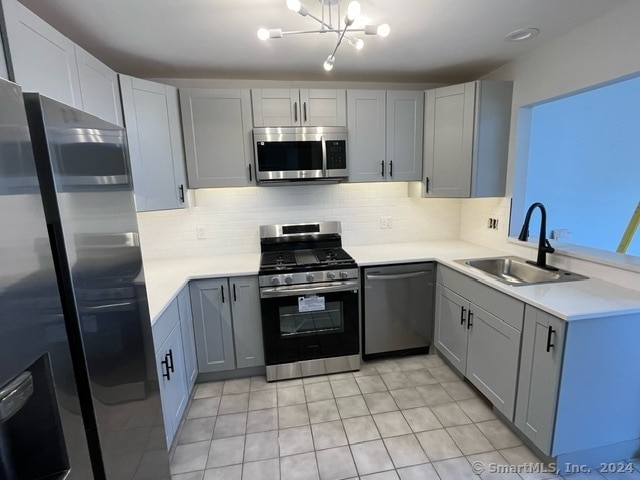 kitchen with a chandelier, stainless steel appliances, gray cabinets, backsplash, and sink