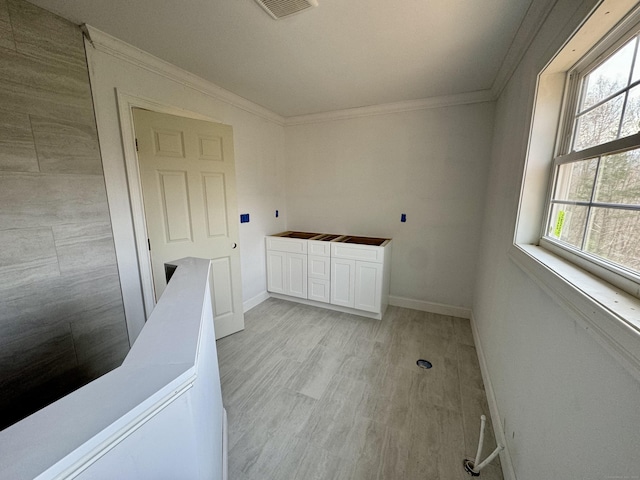 clothes washing area featuring light hardwood / wood-style floors and crown molding