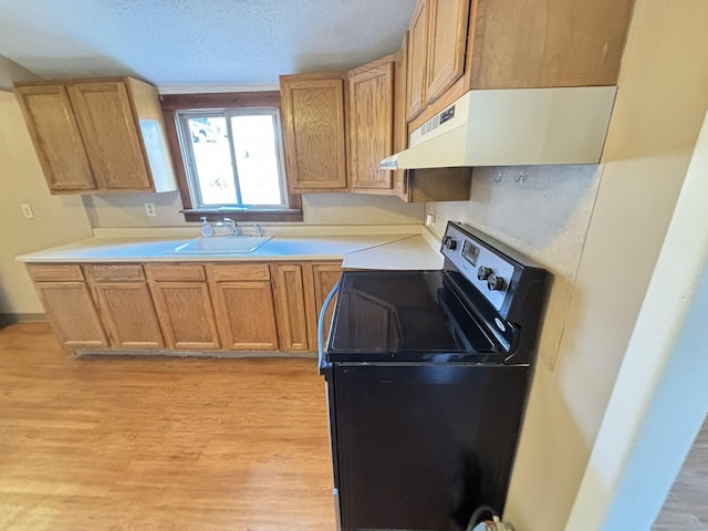 kitchen with sink, electric range, a textured ceiling, and light hardwood / wood-style flooring