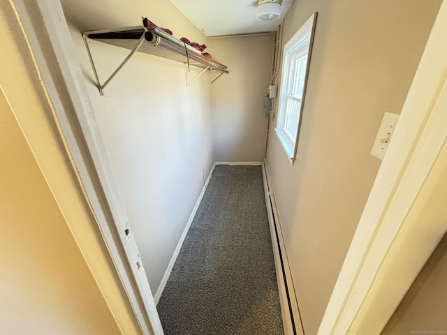 walk in closet with a baseboard radiator and carpet flooring