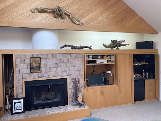 carpeted living room featuring wood ceiling and a brick fireplace