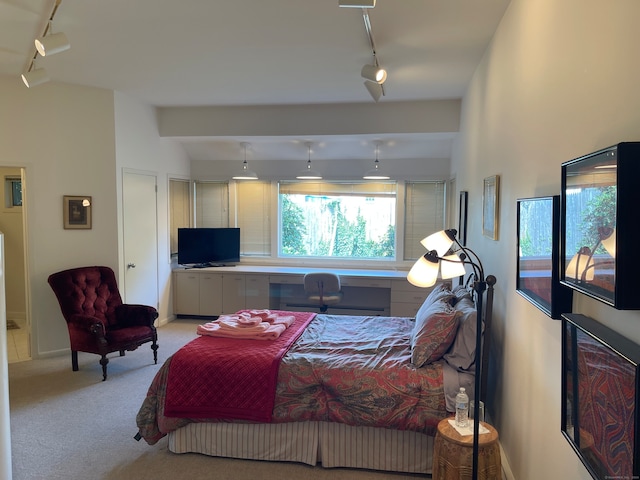 carpeted bedroom featuring built in desk and rail lighting