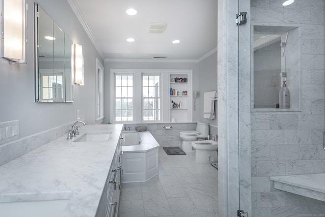 full bathroom featuring vanity, crown molding, separate shower and tub, toilet, and a bidet