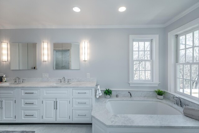 bathroom with ornamental molding, a washtub, and vanity