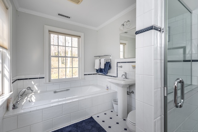 bathroom with separate shower and tub, crown molding, and toilet