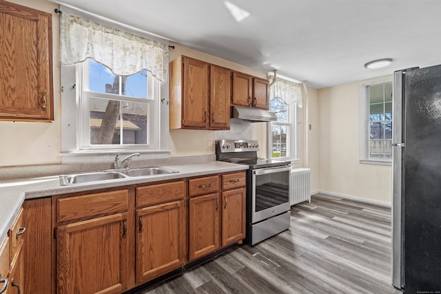 kitchen featuring appliances with stainless steel finishes, sink, dark hardwood / wood-style flooring, and radiator