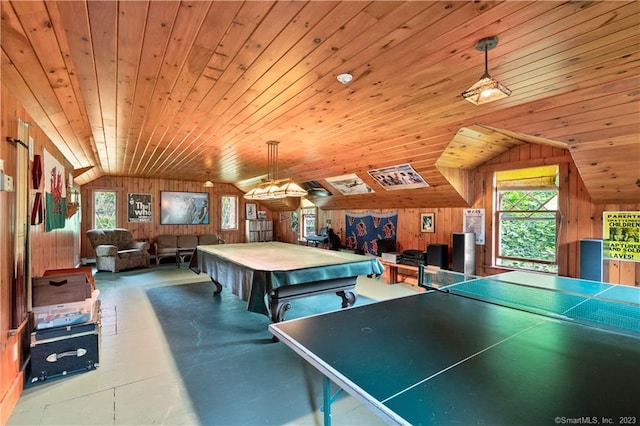 playroom with a healthy amount of sunlight, lofted ceiling, wooden ceiling, and wooden walls