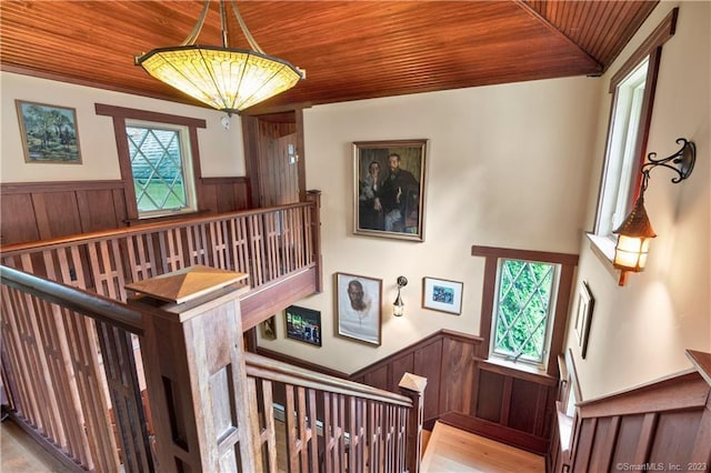 staircase with hardwood / wood-style floors, wooden walls, and wood ceiling