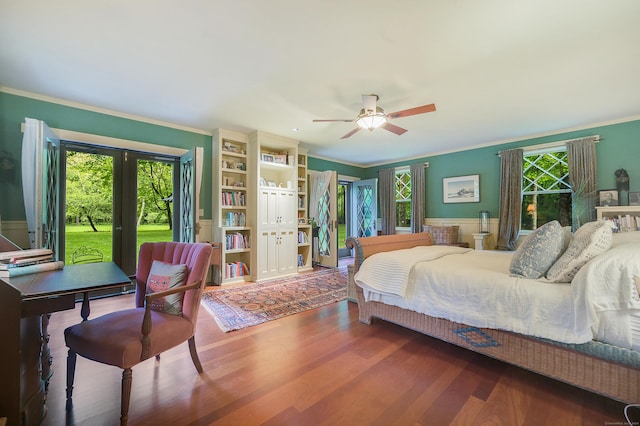 bedroom with hardwood / wood-style flooring, ceiling fan, access to exterior, and crown molding