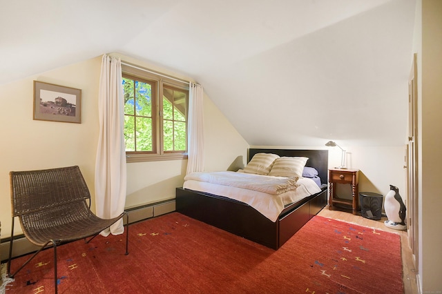 carpeted bedroom featuring a baseboard radiator and lofted ceiling