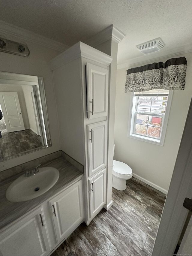 bathroom featuring wood-type flooring, a textured ceiling, vanity, and crown molding