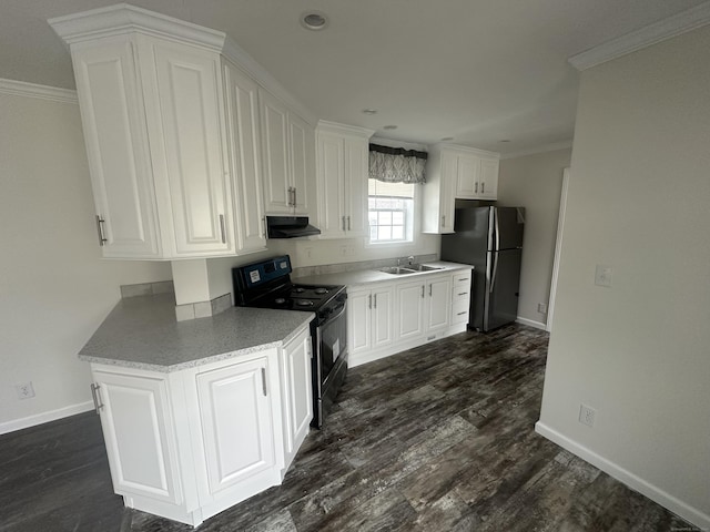 kitchen with crown molding, dark hardwood / wood-style flooring, sink, white cabinetry, and black appliances