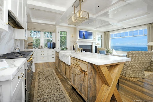 46 Compo Mill Cv, Westport, CT 06880 - kitchen with range with two ovens, dark wood finished floors, a sink, a fireplace, and white cabinetry