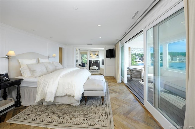 46 Compo Mill Cv, Westport, CT 06880 - bedroom with ornamental molding, access to exterior, and recessed lighting
