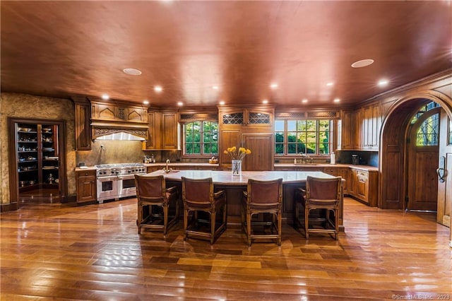 kitchen featuring hardwood / wood-style flooring, a spacious island, double oven range, and a breakfast bar