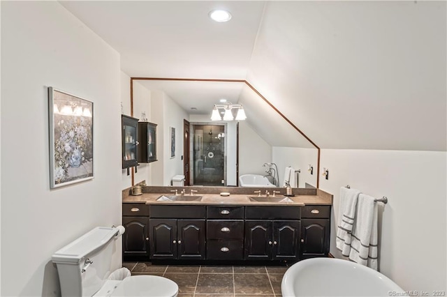 full bathroom with lofted ceiling, vanity, toilet, and plus walk in shower