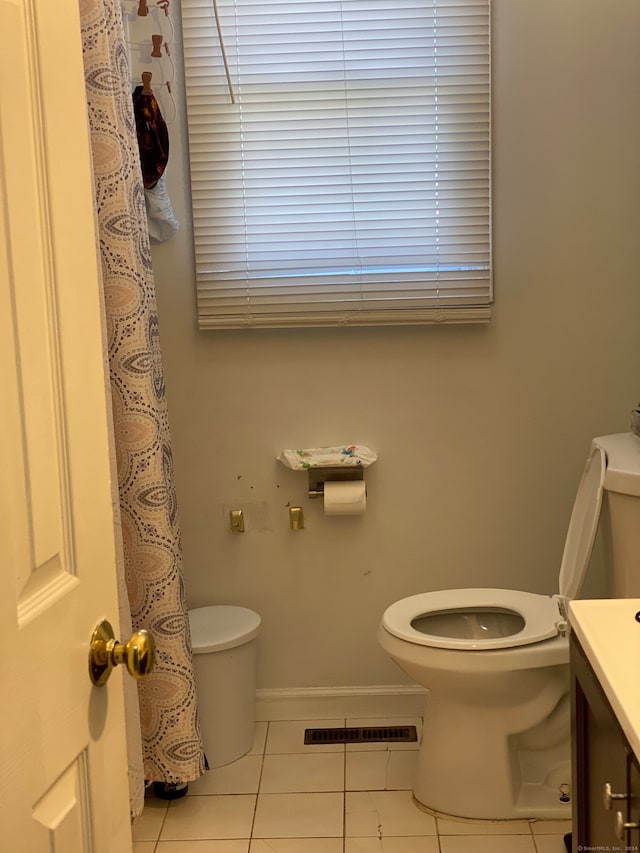 bathroom with tile floors, toilet, and vanity