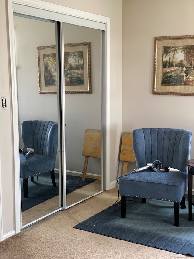 living area featuring carpet flooring