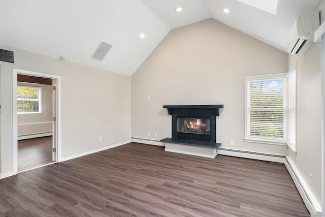 unfurnished living room with baseboard heating, dark wood-type flooring, and a wall unit AC