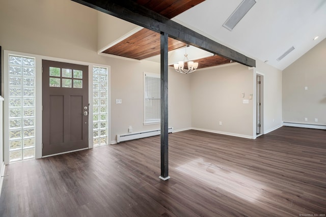 foyer entrance with beamed ceiling, dark wood-type flooring, high vaulted ceiling, and a baseboard radiator