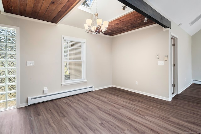 unfurnished room with wooden ceiling, dark hardwood / wood-style flooring, a baseboard heating unit, a chandelier, and ornamental molding