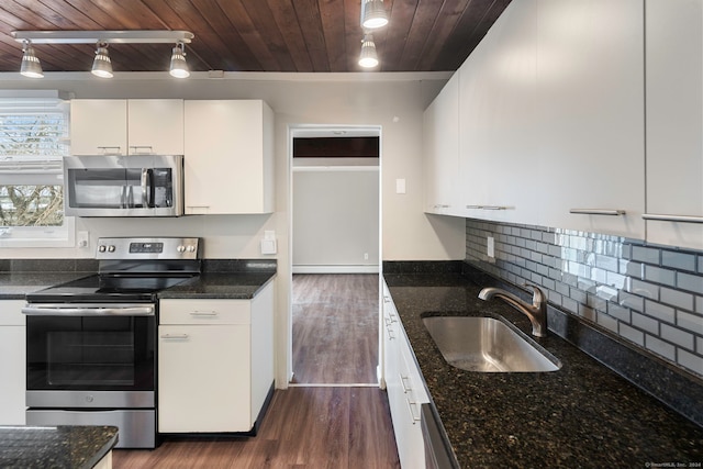 kitchen with sink, dark hardwood / wood-style floors, appliances with stainless steel finishes, white cabinetry, and wood ceiling