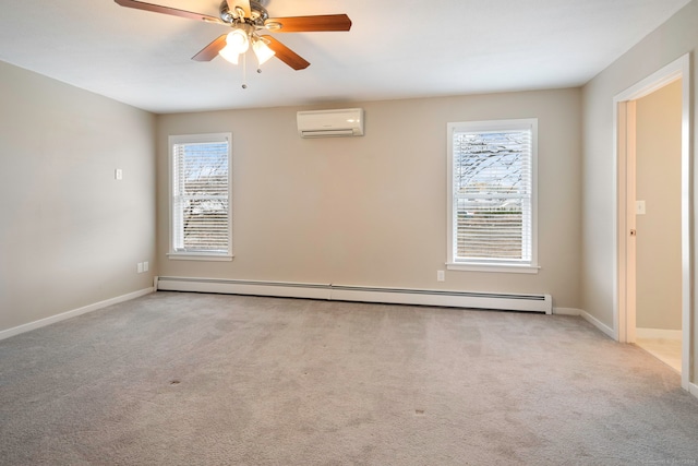 carpeted empty room with ceiling fan, a wall mounted AC, and a baseboard heating unit