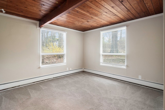 spare room with carpet, plenty of natural light, and wooden ceiling