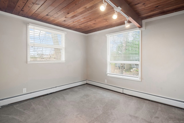 carpeted spare room featuring beam ceiling, wood ceiling, and baseboard heating