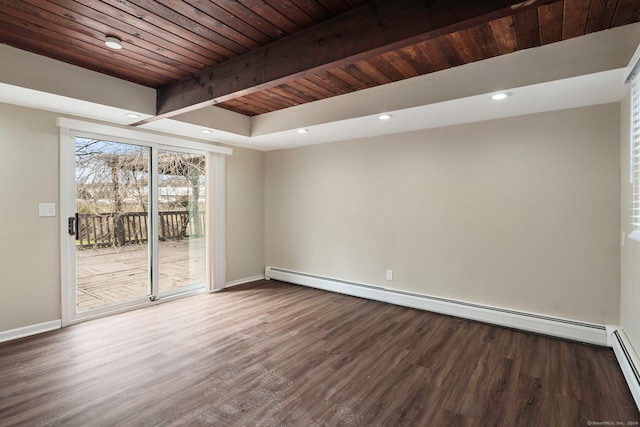 spare room featuring baseboard heating, wooden ceiling, and wood-type flooring